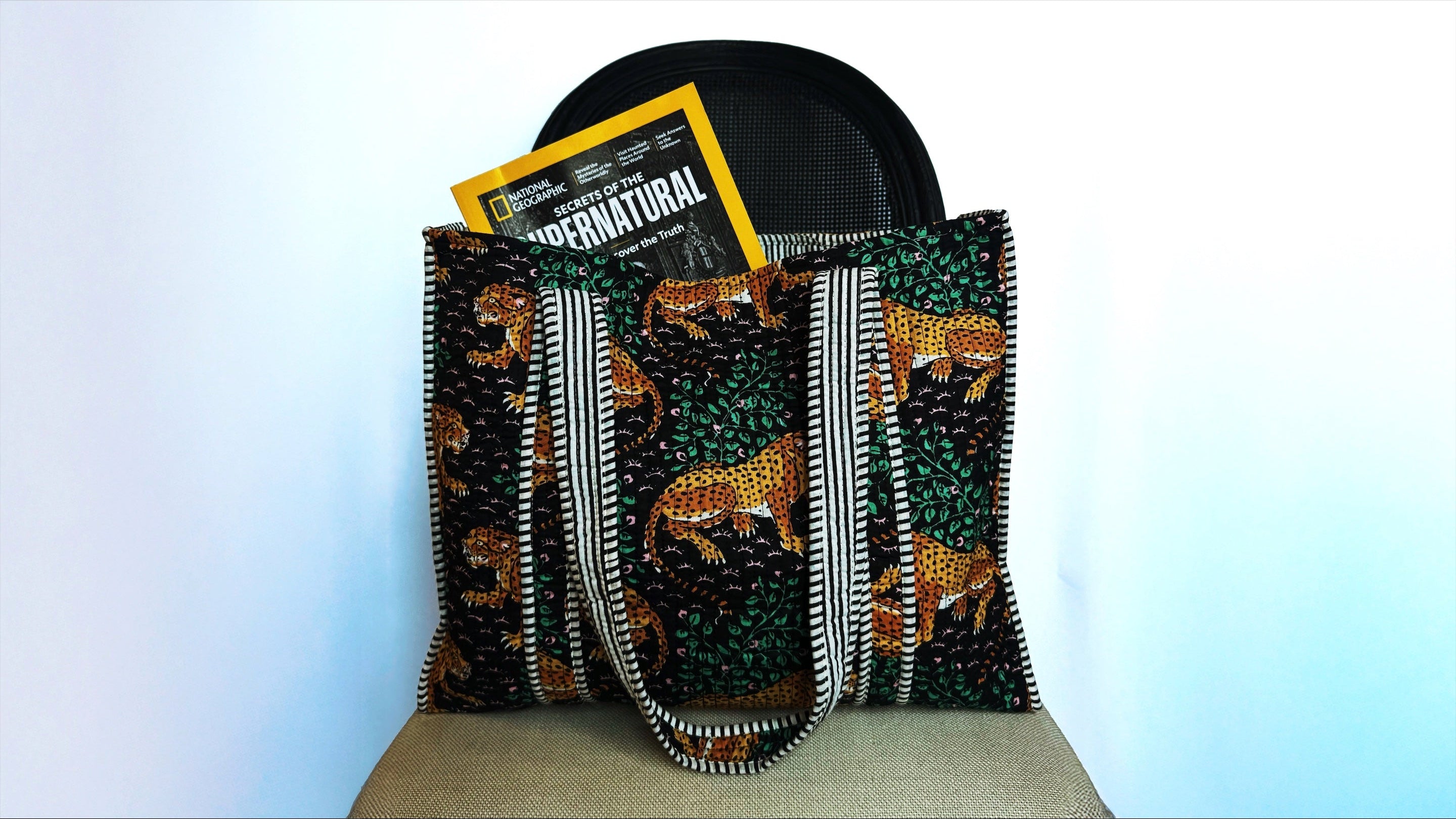 Patterned bag with a National Geographic book on a light blue background